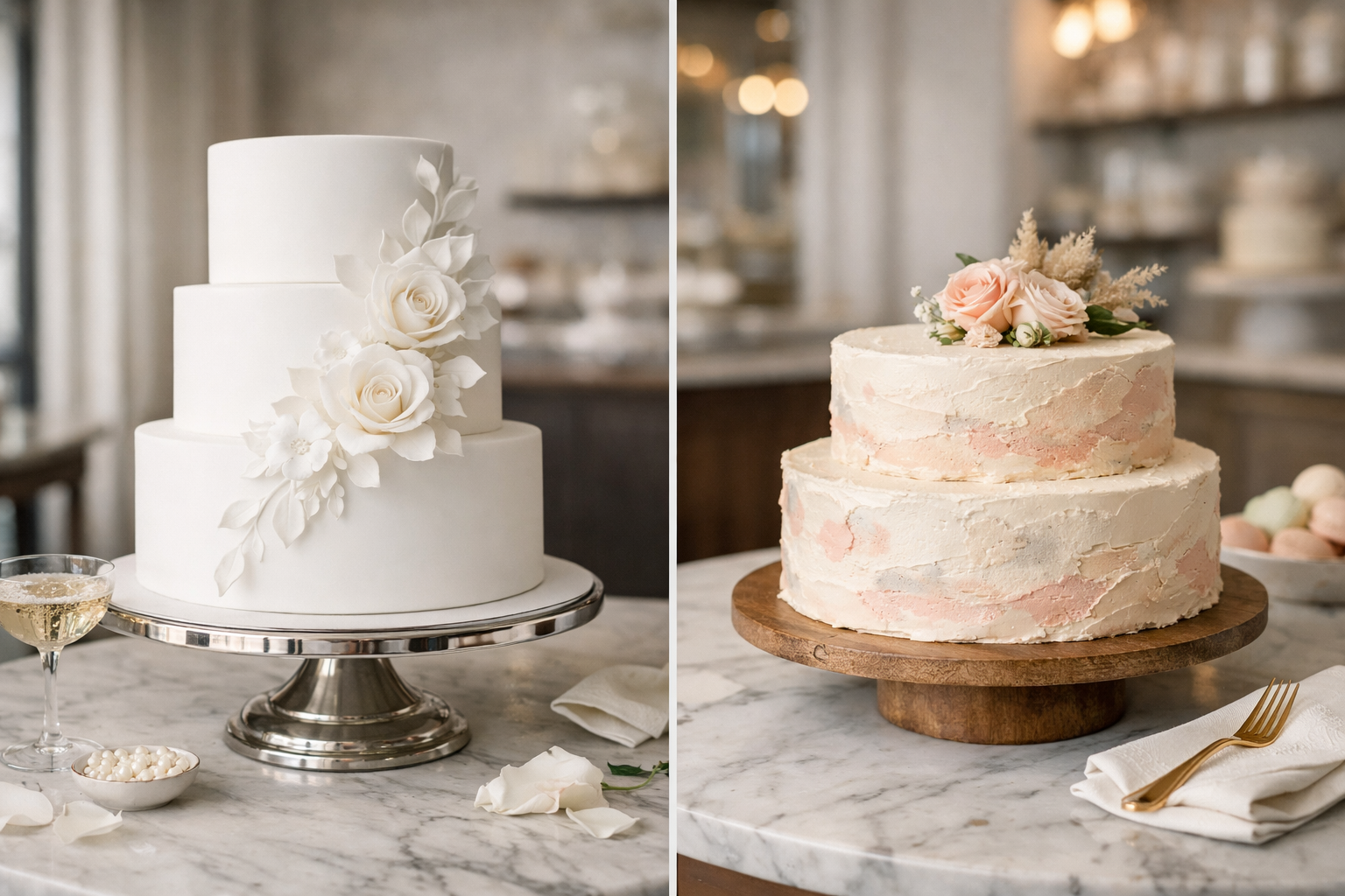 Fondant vs buttercream cake comparison – elegant Manhattan bakery style