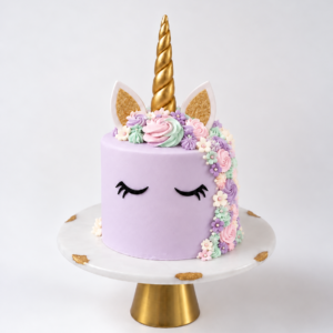 Unicorn Cake with golden horn, sleepy eyes and colorful icing rosettes and flowers