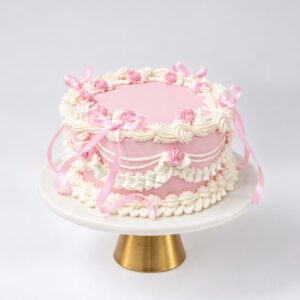 Vintage Piping Round Cake with intricate buttercream piping, delicate ruffles and satin bows