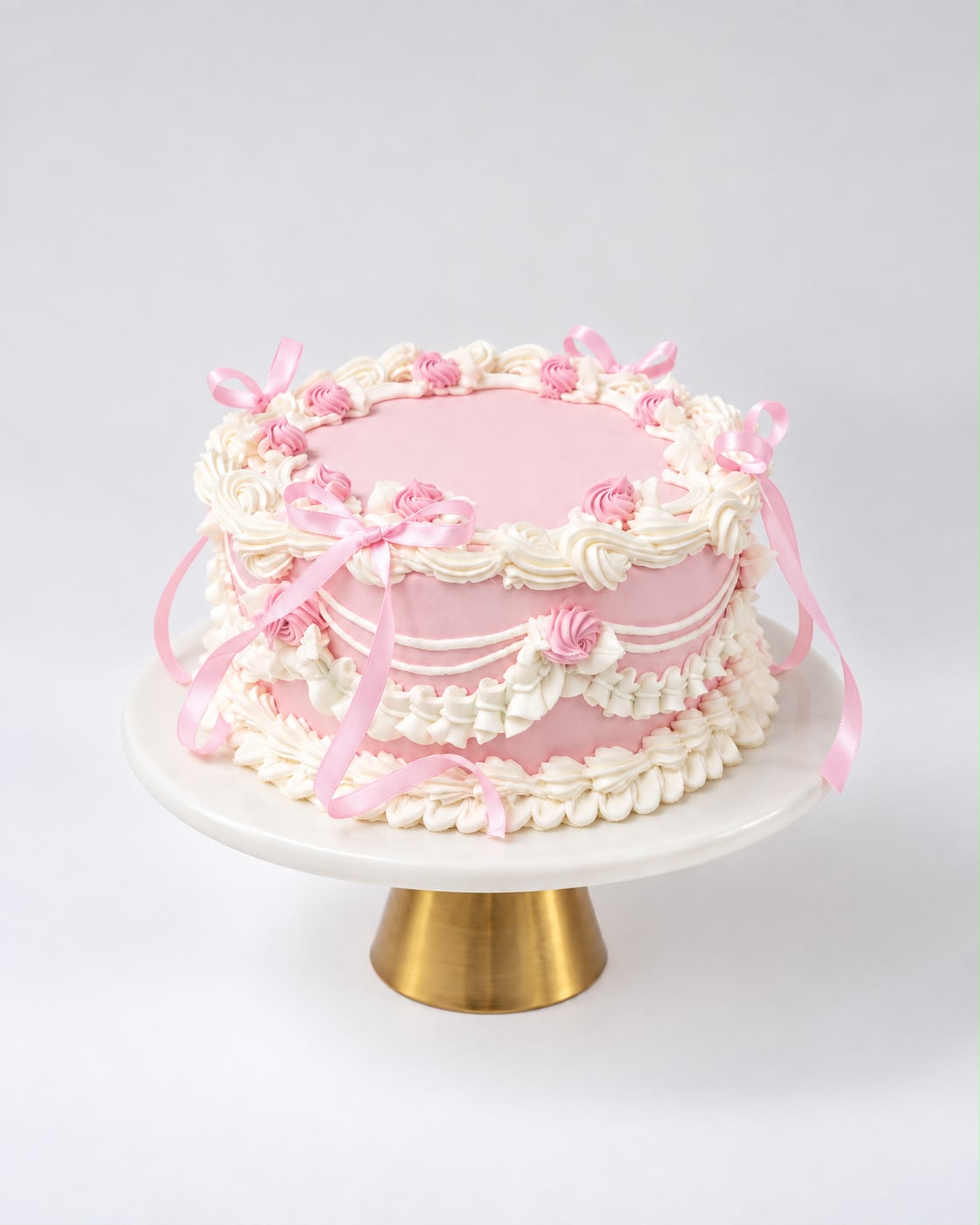 Vintage Piping Round Cake with intricate buttercream piping, delicate ruffles and satin bows
