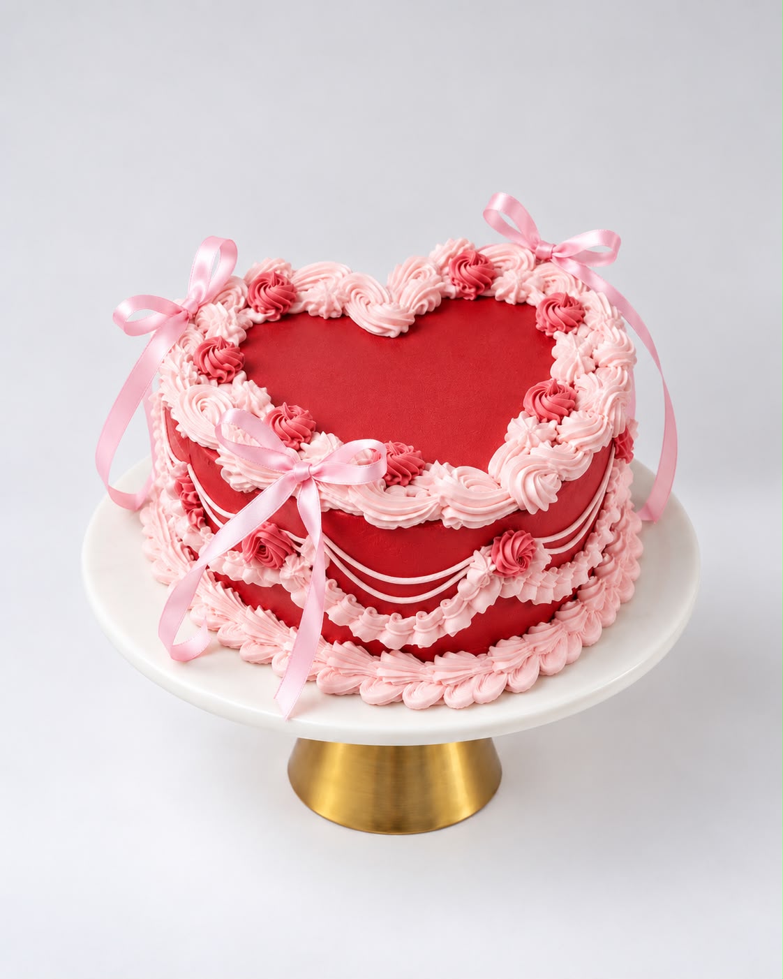 Vintage Piping Heart Cake with delicate buttercream piping, romantic ruffles and satin bows