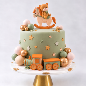 Teddy Bear Train Baby Shower Cake with rocking horse, little train, stars and balloon decorations