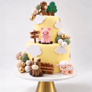 Farm Animals Cake with piglet, horse, sheep, wooden fences and colorful balloon decorations