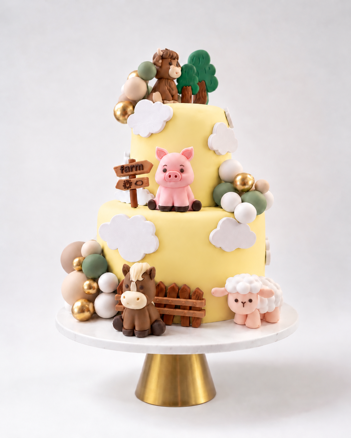 Farm Animals Cake with piglet, horse, sheep, wooden fences and colorful balloon decorations